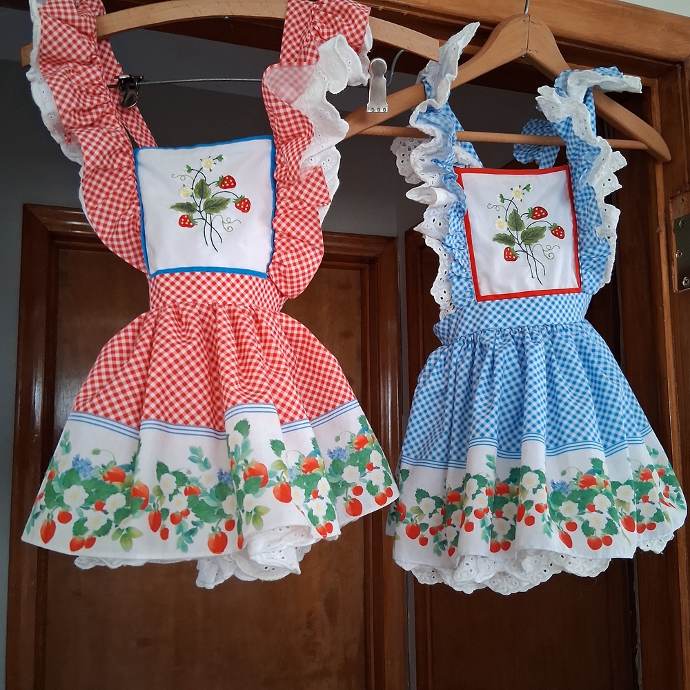 Red and Blue Gingham Aprons with Strawberry Embroidery
